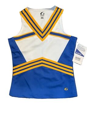 NWT Youth Medium GTM Cheerleading Shell Top V-Neck Sleeveless Blue/White/Yellow